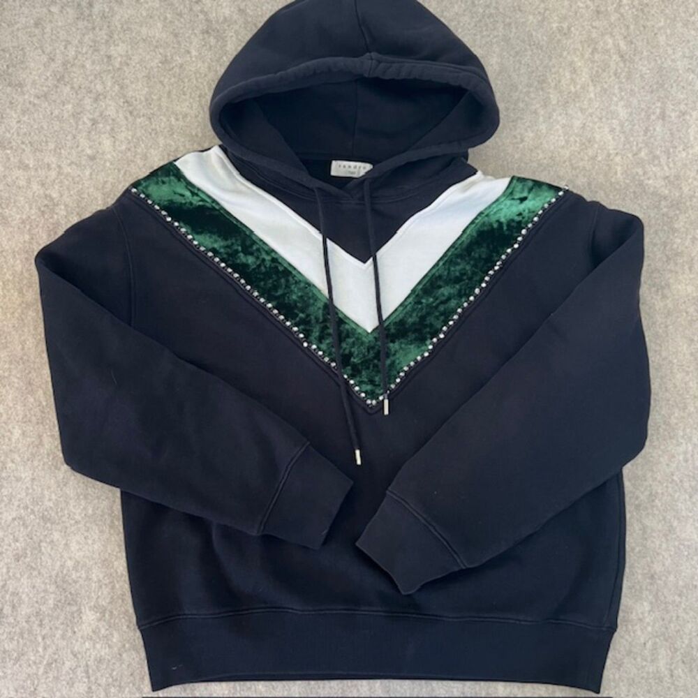 Green Velvet Diamontee Embellished Sandro Paris Black Hoodie Top